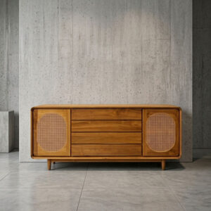 Sideboard-Teak-Rattan-2-doors-4-drawers-1