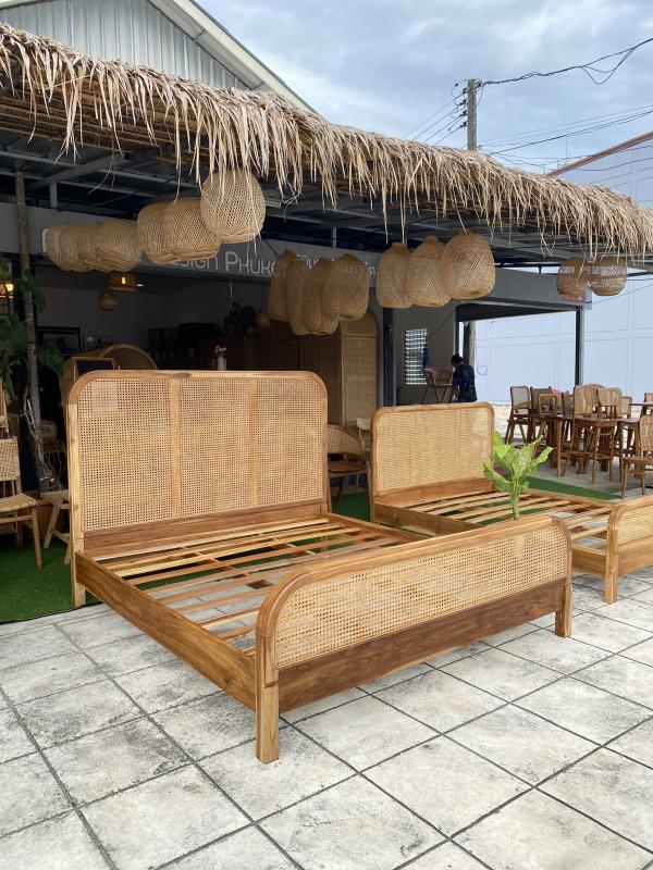 Teak Wood Bed with Rattan Headboard - Image 3
