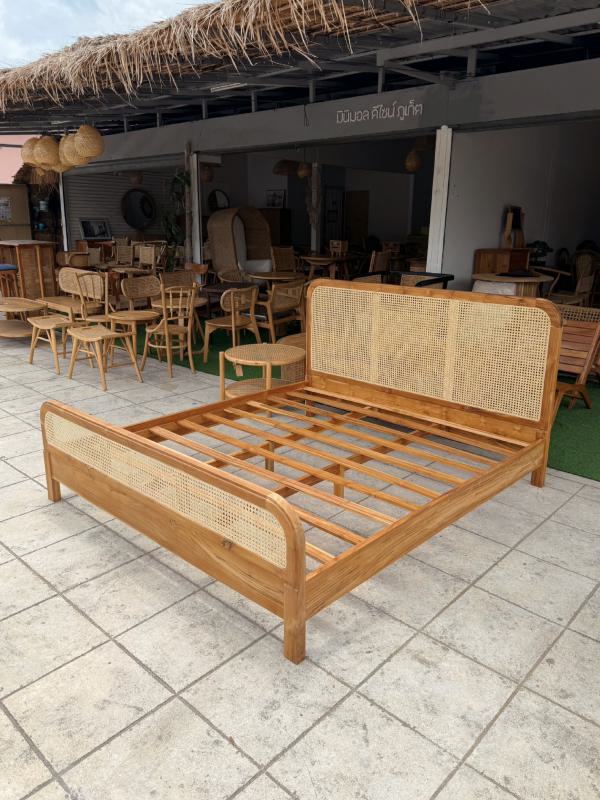 Teak Wood Bed with Rattan Headboard
