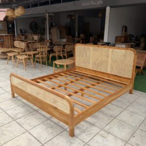 Teak Wood Bed with Rattan Headboard